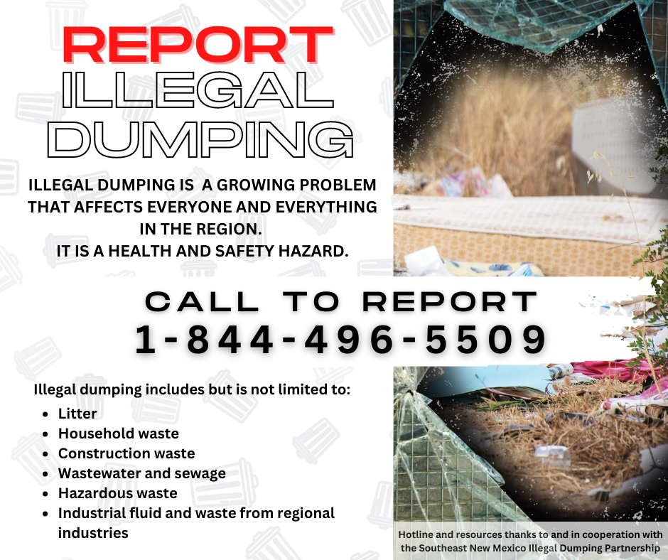 Photo showing Illegal Dumping and encouraging people to call hotline number 1-844-496-5509 to report