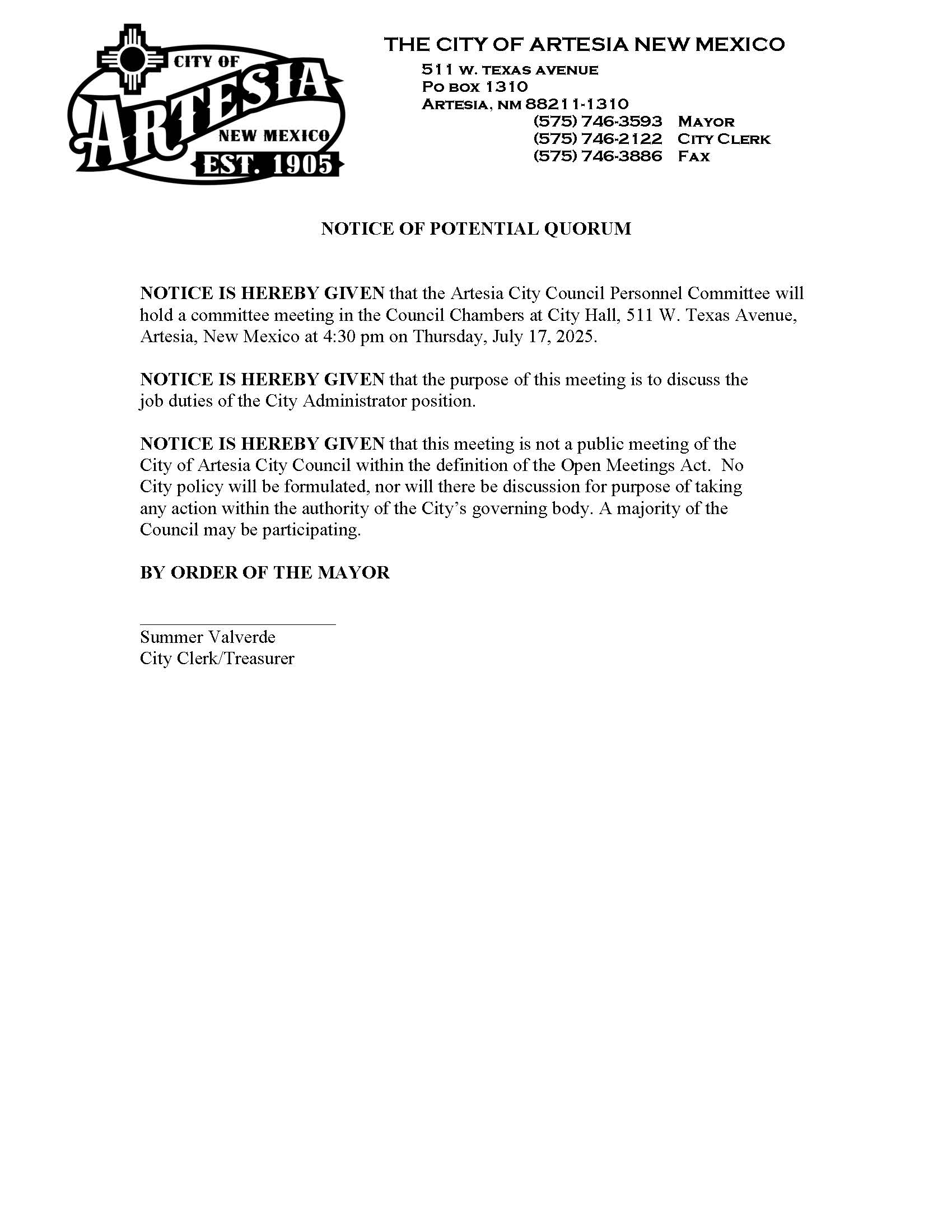 07-17-2025 Personnel meeting potential quorum notice