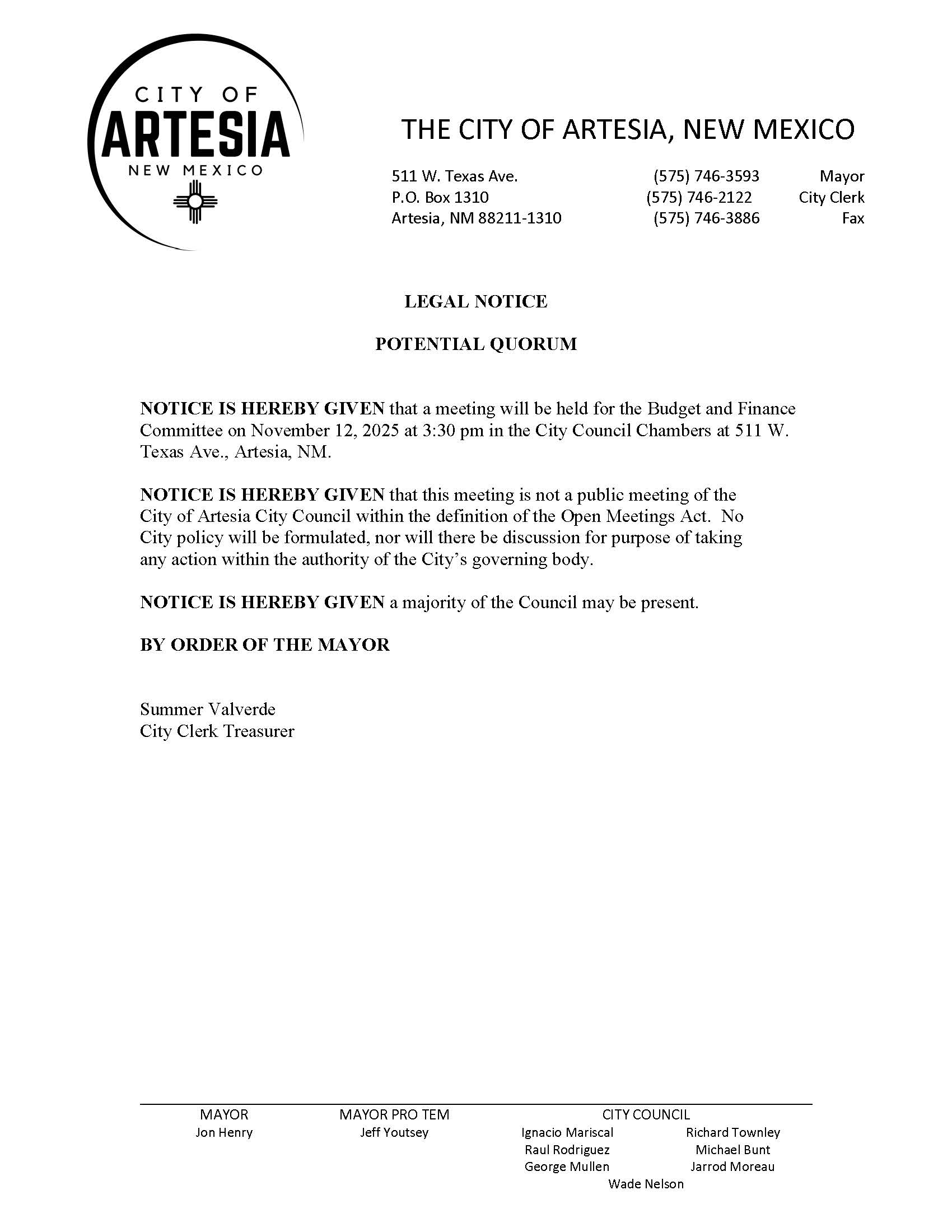 Potential Quorum Notice 11-12-25